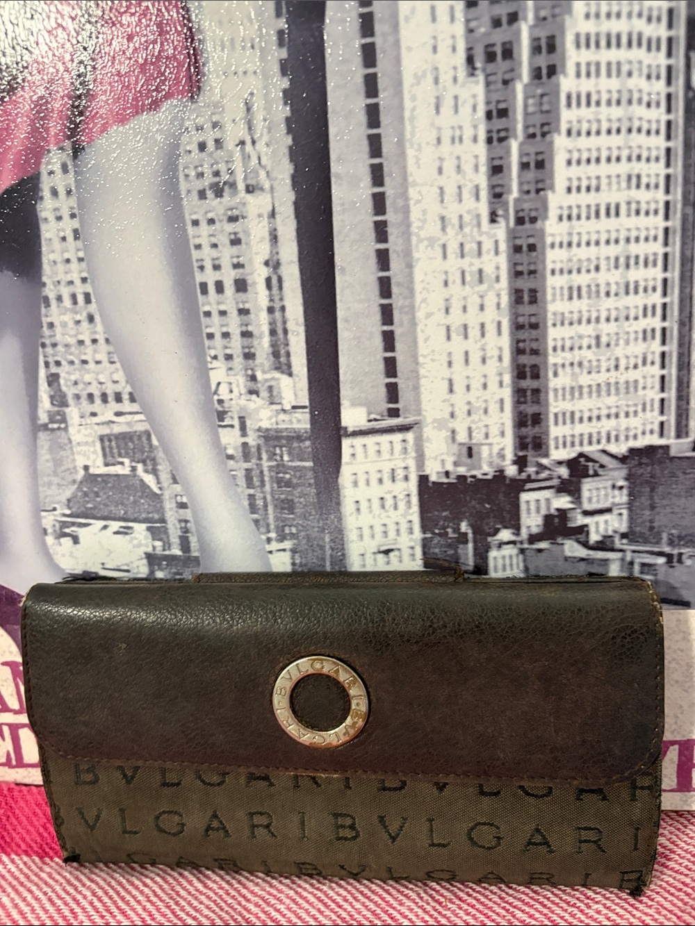 Bulgari Dark Brown Leather Logo Continental Wallet with Gold Accent